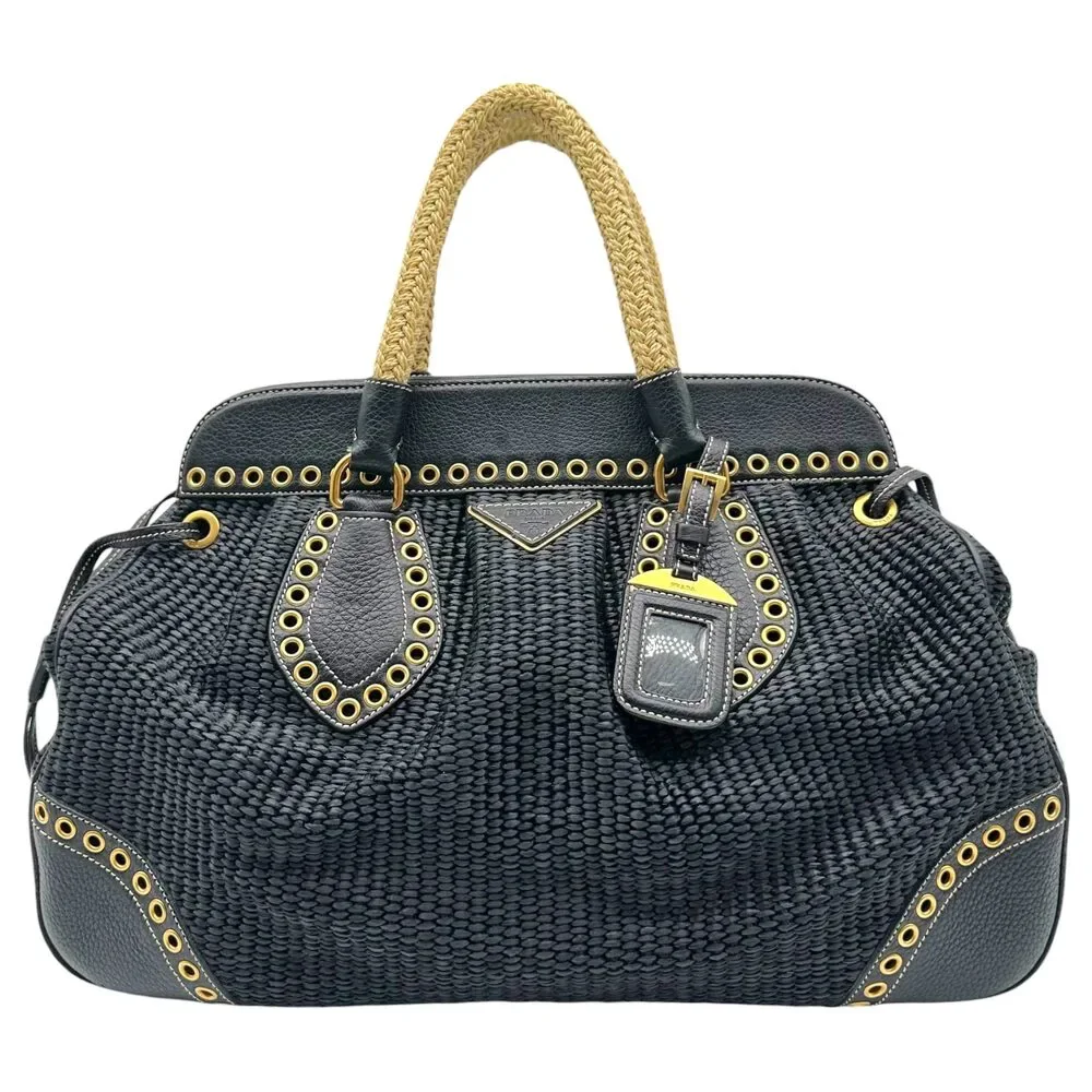 Prada Black Raffia Rivet Studded Doctors Handbag
